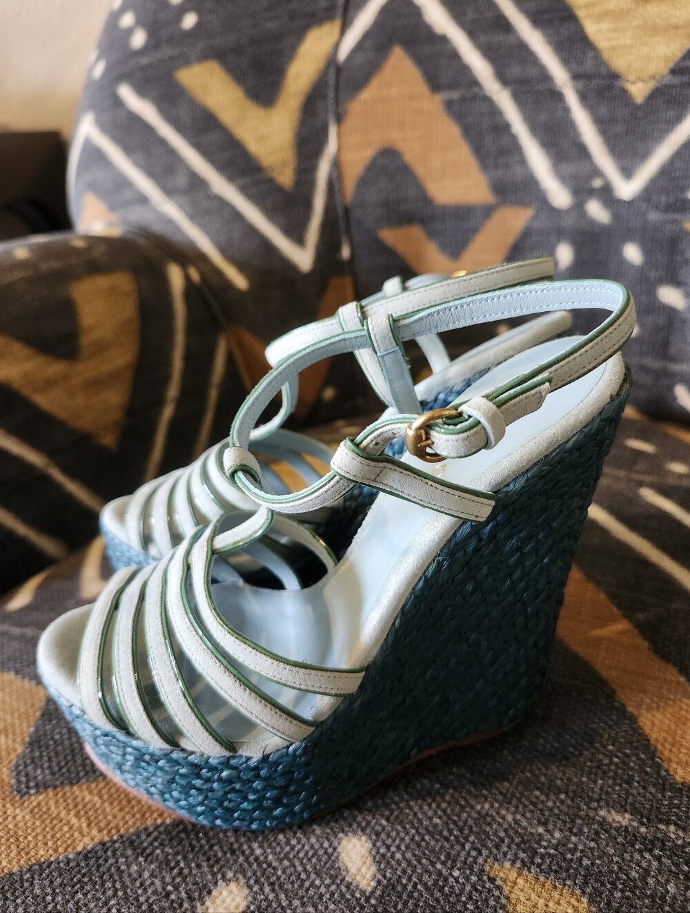 Sale✨ GUCCI Rare Vtg Y2K Teal Raffia Espadrille Platform Wedges 34.5 Near Mint - Picture 2 of 9